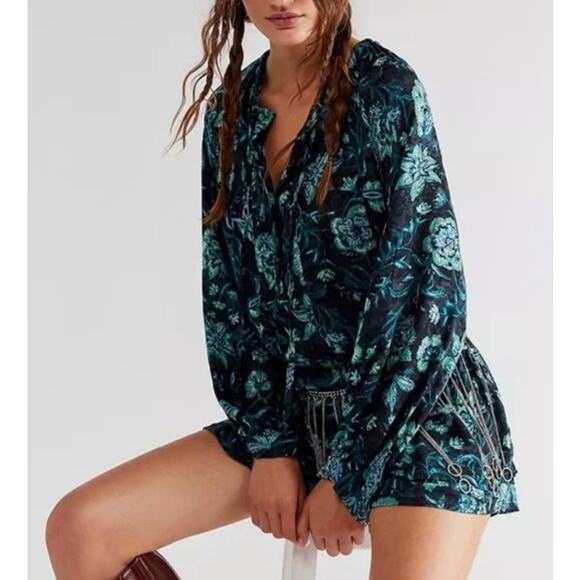 Free People Dance Til' Dawn Green Black Floral Romper Size Small - Picture 2 of 7